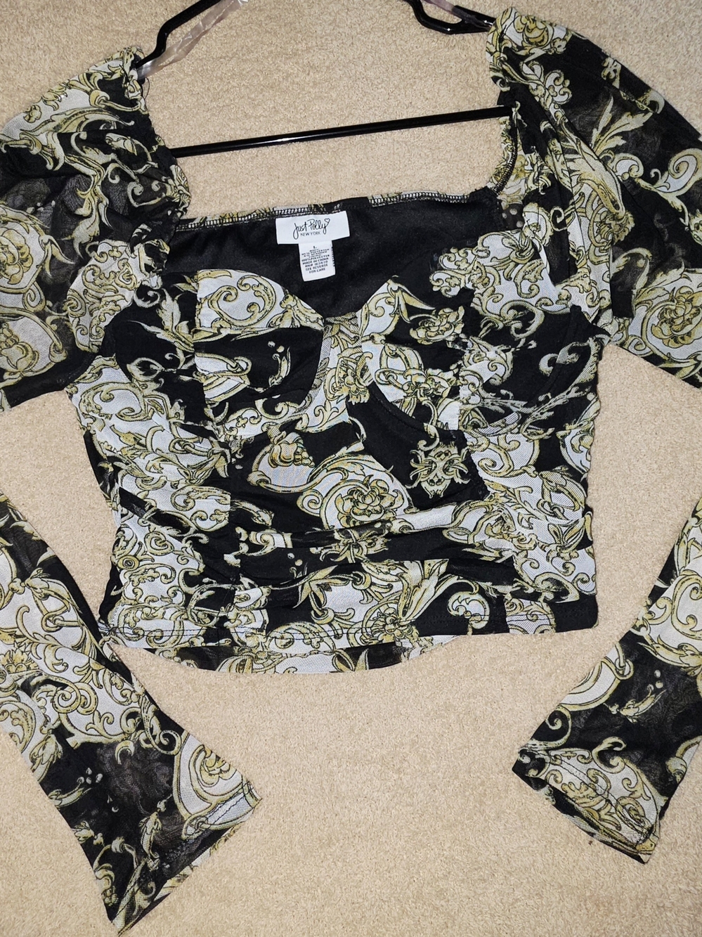 JustPolly Black, Gold & Cream Printed Sheer-Sleeve Crop Top